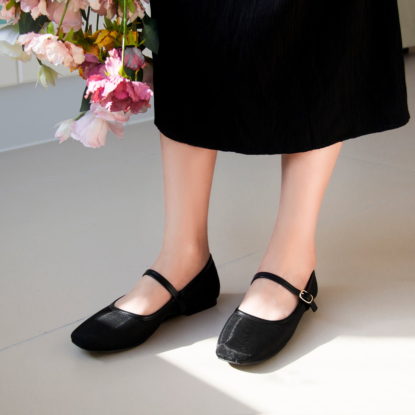 Mesh Ballet Flats Square Toe Mary Jane Flats Buckle Women Comfy Causal Dress Shoes