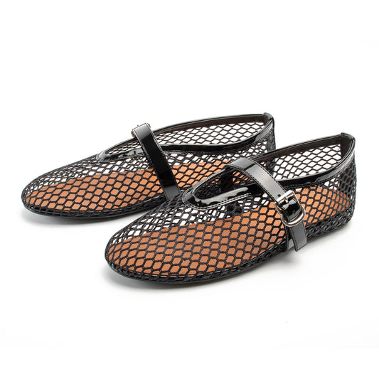 Women Mesh Flats Buckle Strap Round Toe Comfy Causal Ballet Flats Fashion Mary Jane Fishnet Ballerina Flat Shoes