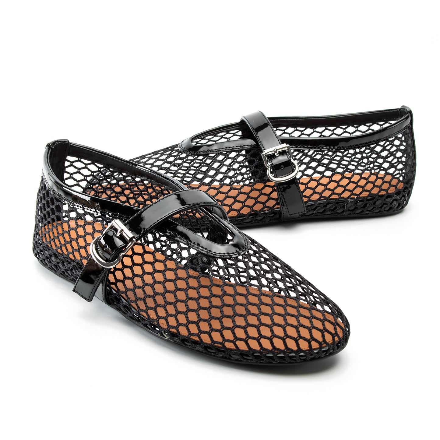 Women Mesh Flats Buckle Strap Round Toe Comfy Causal Ballet Flats Fashion Mary Jane Fishnet Ballerina Flat Shoes