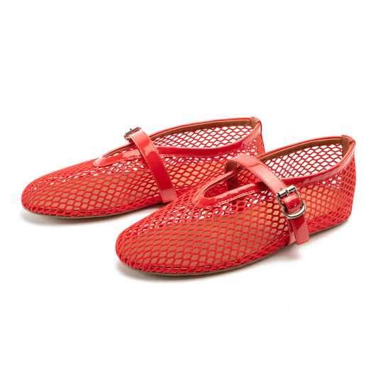 Women Mesh Flats Buckle Strap Round Toe Comfy Causal Ballet Flats Fashion Mary Jane Fishnet Ballerina Flat Shoes