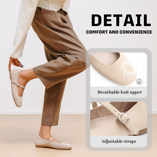 Women's Ballet Flats Square Toe Slip On Shoes Knit Dress Mary Jane Flats Woman Comfy Soft Causal Work Walking