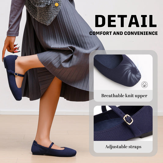 Women's Ballet Flats Square Toe Slip On Shoes Knit Dress Mary Jane Flats Woman Comfy Soft Causal Work Walking