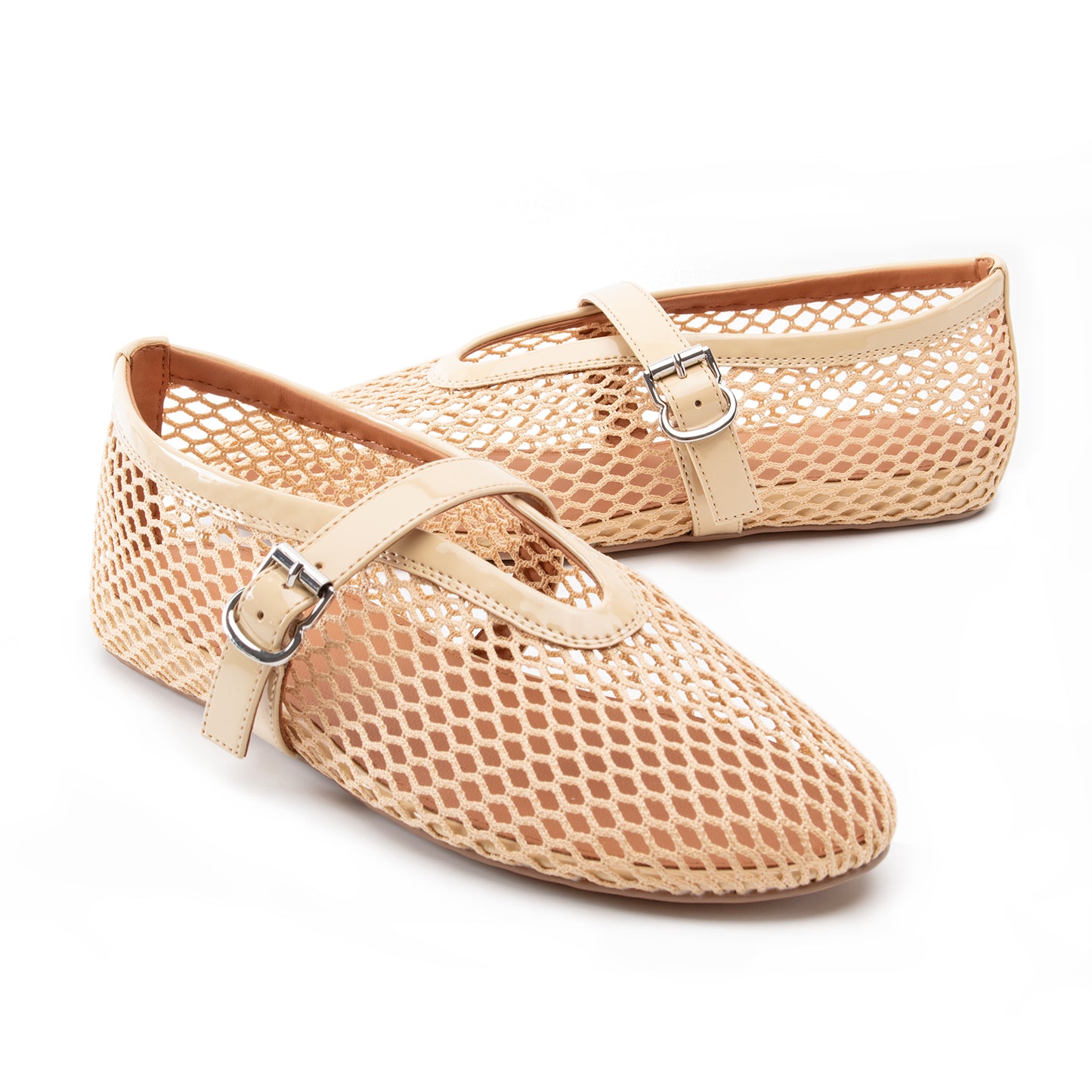 Women Mesh Flats Buckle Strap Round Toe Comfy Causal Ballet Flats Fashion Mary Jane Fishnet Ballerina Flat Shoes
