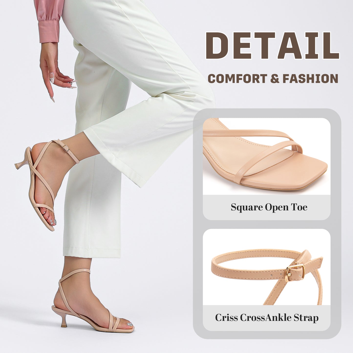 Women's Kitten Heel Sandals Square Open Toe Heels Ankle Buckle Heel Dress Sandals Dress Sandals for Women