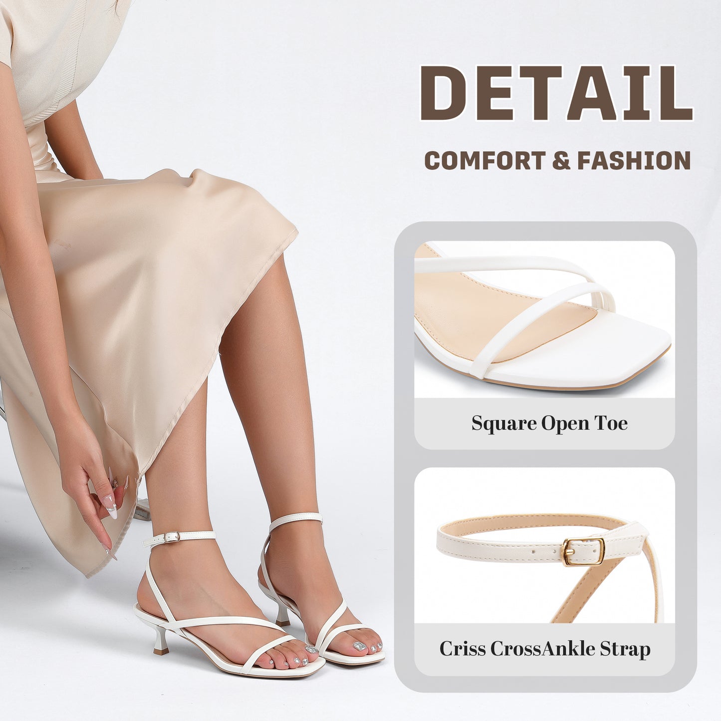 Women's Kitten Heel Sandals Square Open Toe Heels Ankle Buckle Heel Dress Sandals Dress Sandals for Women