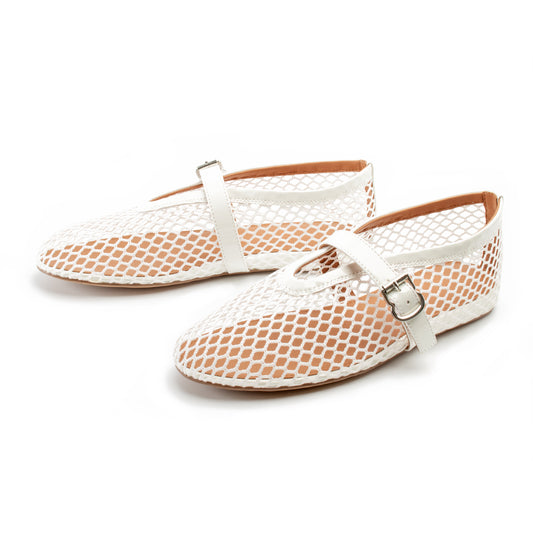 Women Mesh Flats Buckle Strap Round Toe Comfy Causal Ballet Flats Fashion Mary Jane Fishnet Ballerina Flat Shoes