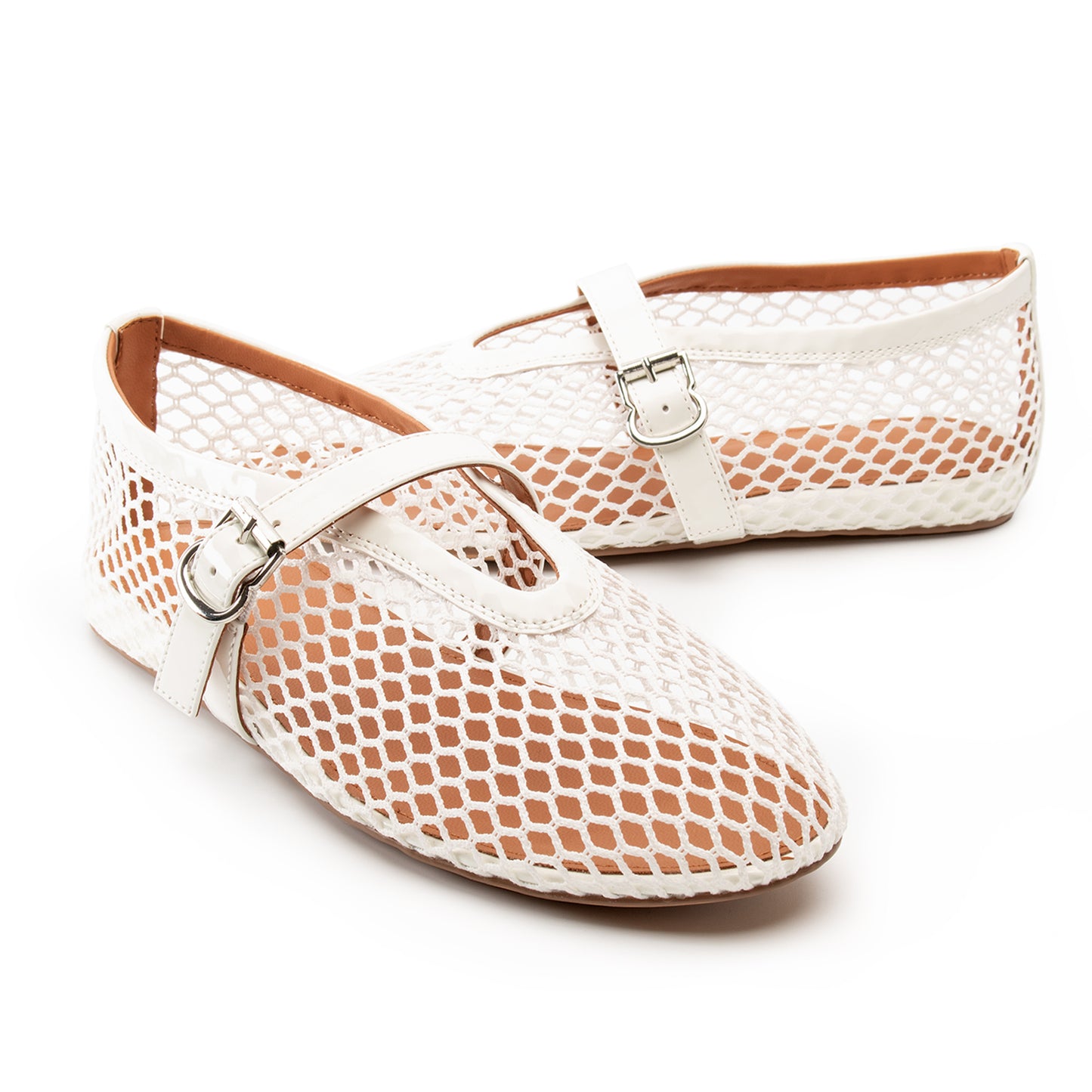 Women Mesh Flats Buckle Strap Round Toe Comfy Causal Ballet Flats Fashion Mary Jane Fishnet Ballerina Flat Shoes