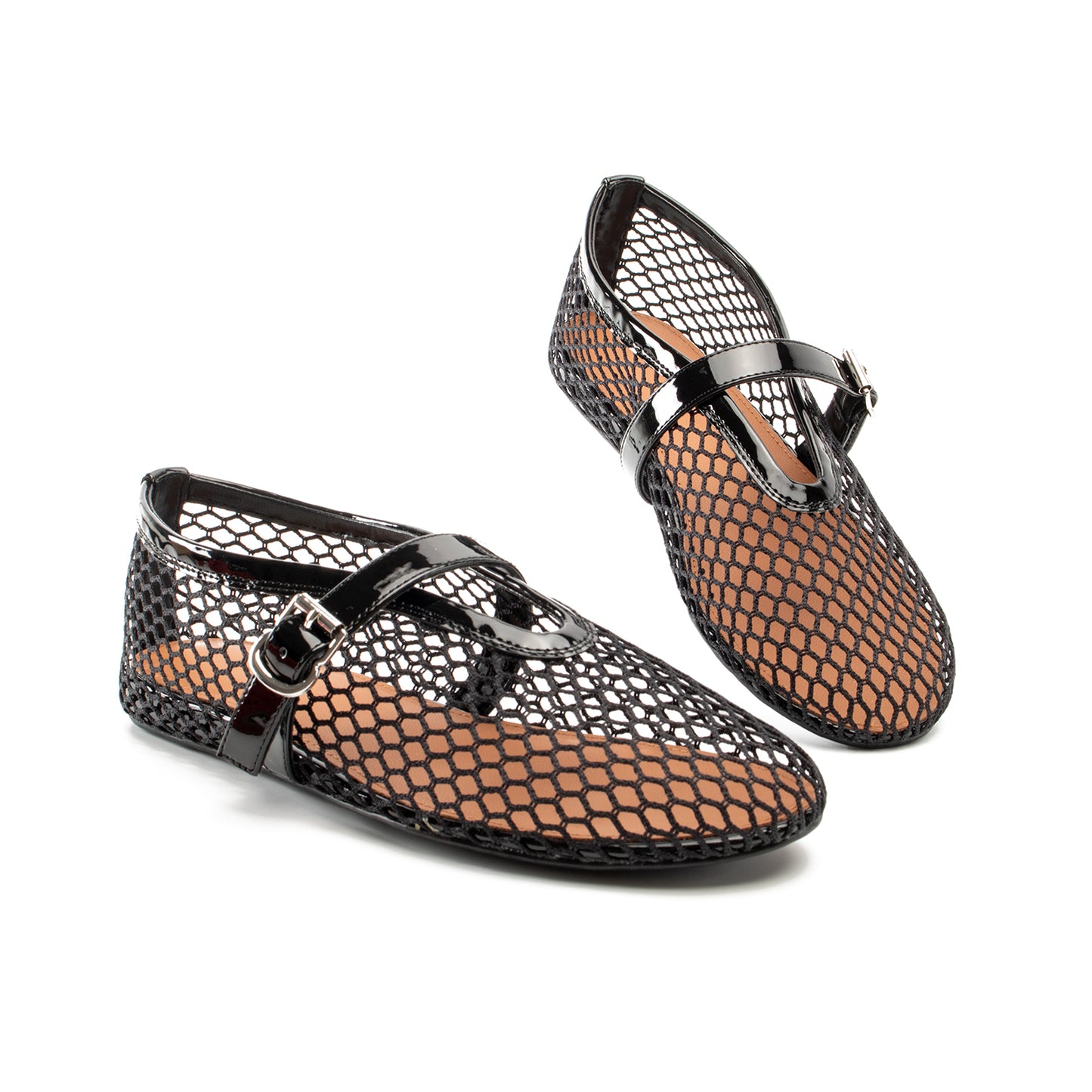 Women Mesh Flats Buckle Strap Round Toe Comfy Causal Ballet Flats Fashion Mary Jane Fishnet Ballerina Flat Shoes