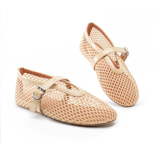 Women Mesh Flats Buckle Strap Round Toe Comfy Causal Ballet Flats Fashion Mary Jane Fishnet Ballerina Flat Shoes