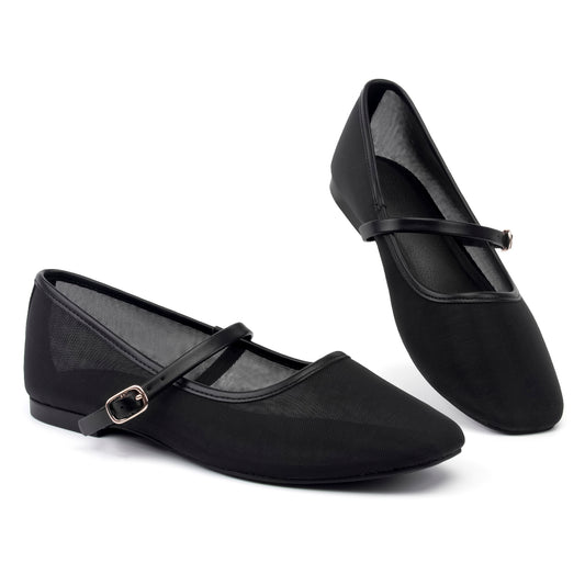 Mesh Ballet Flats Square Toe Mary Jane Flats Buckle Women Comfy Causal Dress Shoes
