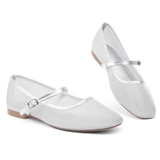Mesh Ballet Flats Square Toe Mary Jane Flats Buckle Women Comfy Causal Dress Shoes