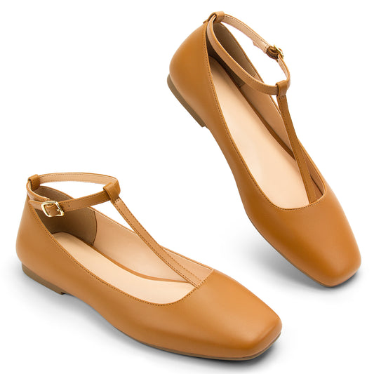 Mary Jane Flats Women Adjustable T Strap Square Toe Ballet Flats Ankle Strap Dress Comfortable Flats for Work,Date Nights Party,Office,Wedding