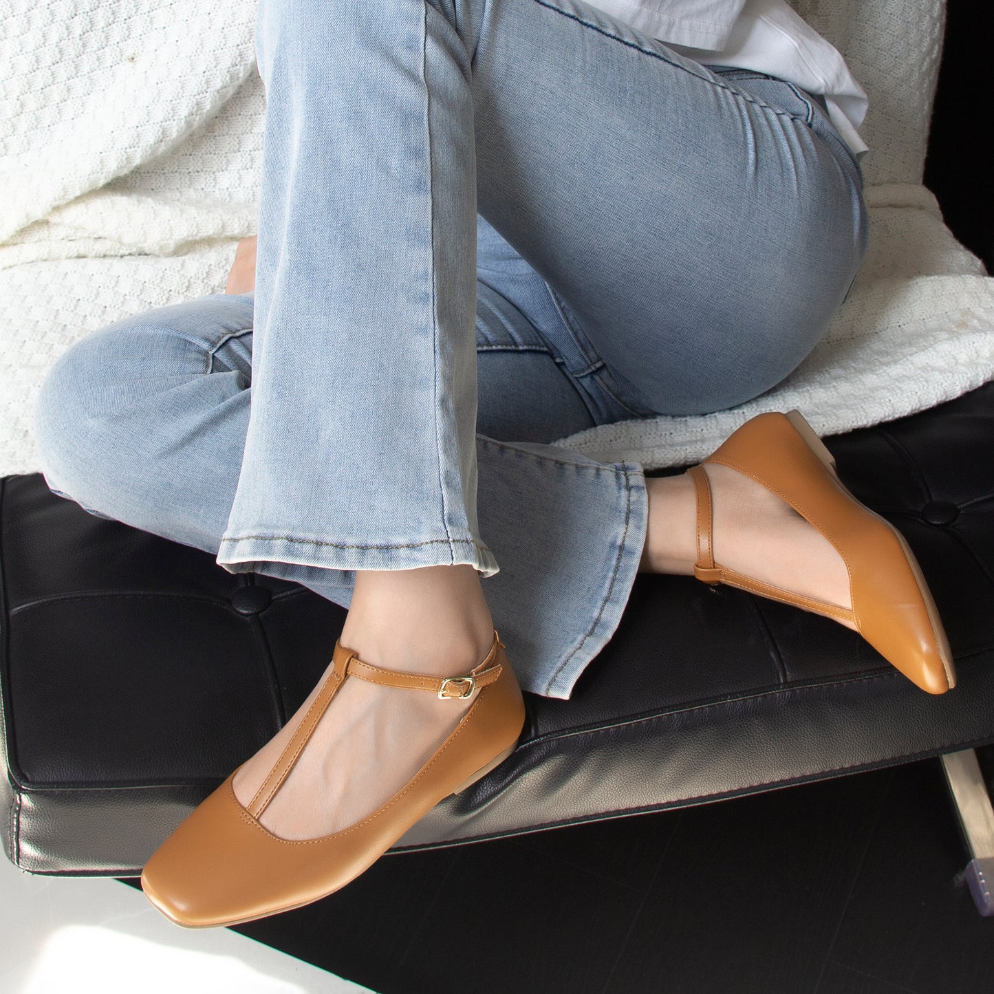 Mary Jane Flats Women Adjustable T Strap Square Toe Ballet Flats Ankle Strap Dress Comfortable Flats for Work,Date Nights Party,Office,Wedding